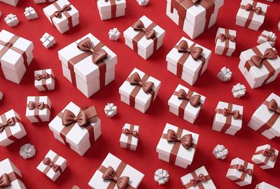 The primary subject of the image is a collection of white and brown gift boxes with bows. These boxes are arranged in a pattern, covering the entire image. The setting is a red background, which adds a vibrant touch to the scene. The visual style is a combination of photo and digital art, creating a realistic yet artistic representation of the gift boxes. The colors and mood of the image are predominantly warm and festive, as the gift boxes are associated with celebrations and gifts.